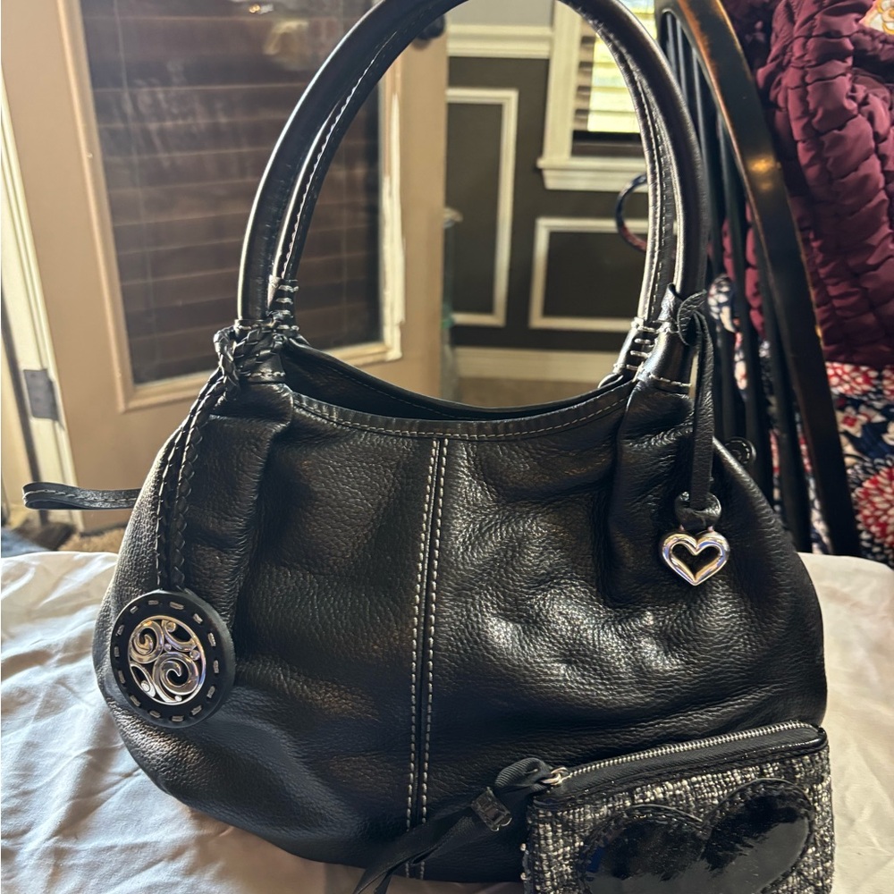 Brighton Black Leather Shoulder Bag with Heart Charm